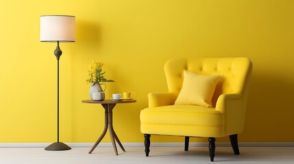 Tufted armchair and coffee table with lamp near yellow wall Interior design of modern living room