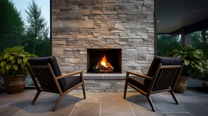  View of chairs by fireplace in patio of a modern home © Michael