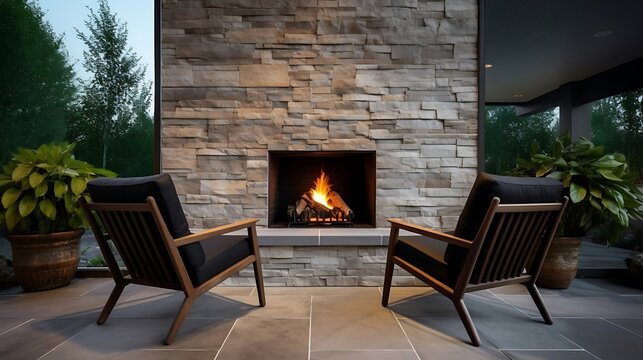 View of chairs by fireplace in patio of a modern home
