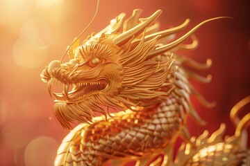Majestic Golden Chinese Dragon Symbol of Power and Prosperity Against a Red Background
