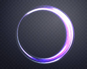 Silver and purple glowing magic ring. Neon realistic energy flare halo ring. Abstract light effect on a dark transparent background. Vector illustration.