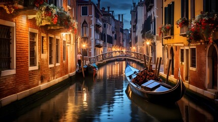 Fototapeta na wymiar Canal in Venice at night, Italy. Panoramic view