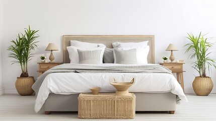 Fototapeta na wymiar Wicker bed with grey pillows Farmhouse style interior design of modern bedroom