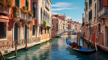 Panoramic view of canal and gondola in Venice, Italy - obrazy, fototapety, plakaty