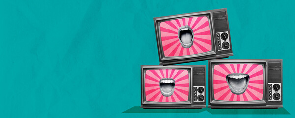 Retro TV Creative Art Collage. Vintage Colors. Textured Background Copy Space Design. Pop Art Artwork Illustration. Geometric Waves. Advertisment Poster Banner Flyer Card Post. Social Media Top View.
