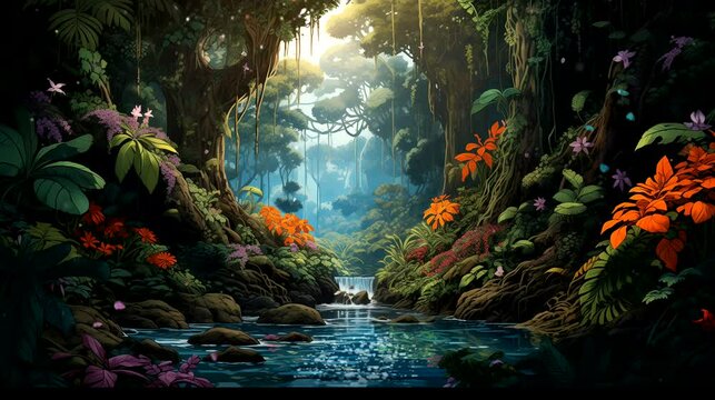 A lush jungle alive with the vibrant colors of tropical flora. Fantasy landscape anime or cartoon style, seamless looping 4k time-lapse virtual video animation background