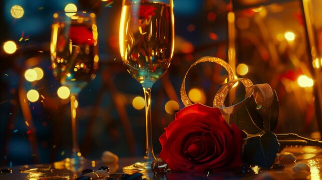 Transport yourself to a realm of pure romance, where glasses of wine stand alongside a bloomed red rose adorned with a golden ribbon.

