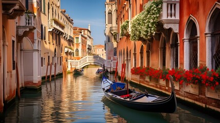 Panoramic view of Venice, Italy. Grand canal with gondolas - obrazy, fototapety, plakaty