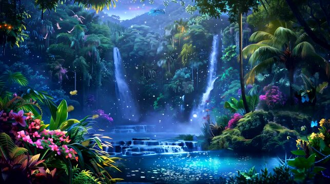 A lush jungle alive with the vibrant colors of tropical flora and waterfall. Fantasy landscape anime or cartoon style, seamless looping 4k time-lapse virtual video animation background