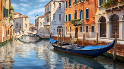 Fototapeta na wymiar Gondola on the Grand Canal in Venice, Italy. Panoramic view