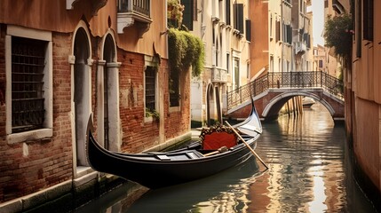 Gondola on canal in Venice, Italy. Panoramic view. - obrazy, fototapety, plakaty