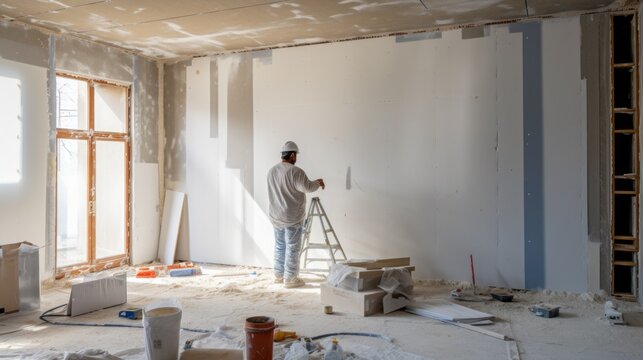 A construction worker installs drywall, Paints the Walls. A new house is under construction, Reconstruction and renovation. Housewarming, Buying Real Estate, Housing concepts.