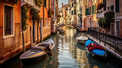 Fototapeta na wymiar Panoramic view of a canal in Venice, Italy