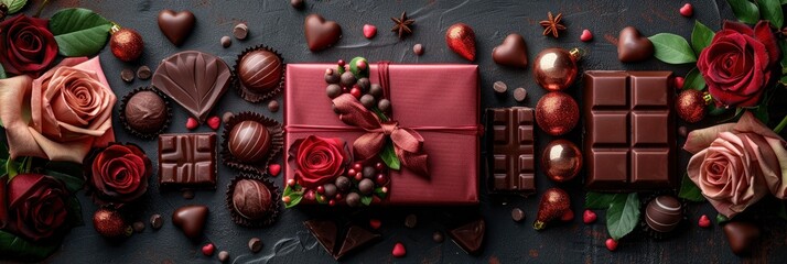 Create an eye-catching flat lay composition with a red gift box positioned alongside a bouquet of red roses, assorted chocolates, and heart-shaped decorations, providing ample space for customized