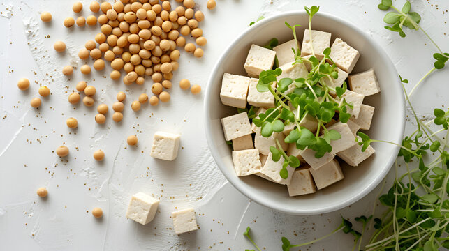 Tofu with Microgreens Salad.Scattered soybeans isolated background, generative ai