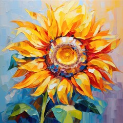 Sunflower Painting on Blue Background. Printable Wall Art.