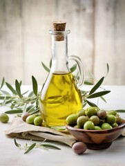 Extra virgin olive oil in a glass bottle and green olives with leaves on a canvas napkin on a light background, Provence style, vertical photo.