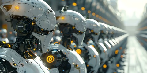 Fototapeta premium Assembling a Line of High-Tech Humanoid Robots in a Futuristic Factory. Concept Robots, Assembly Line, High-Tech, Futuristic Factory, Automation