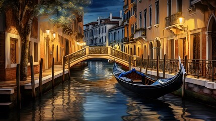 Venetian canal with gondolas at night, Venice, Italy