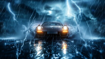 Visualize the power and drama of a car driving through a storm, its headlights piercing through the darkness as rain cascades down.
 - obrazy, fototapety, plakaty