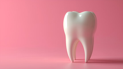 The tooth model is in front of a pink background.Copy space, generative ai