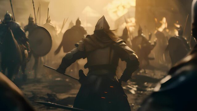 Warrior knight takes part in an epic battle. Fantasy medieval background. The concept of medieval history, life and culture. Ai-generated.