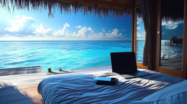 Tropical Beachfront Workstation with Laptop and Ocean View from Overwater Bungalow