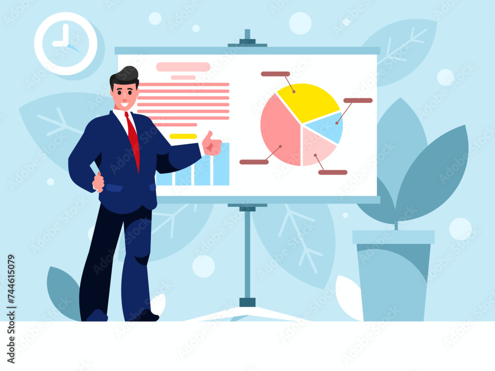Poster standing businessman with thumb up dressed in a business suit. background with presentation flipchar