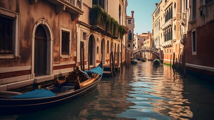 Gondola in Venice, Italy. Panoramic view of Venice. - obrazy, fototapety, plakaty