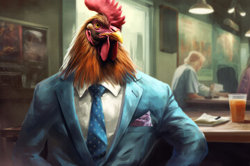 Be perplexed with this surreal image of a rooster in businessman attire - obrazy, fototapety, plakaty