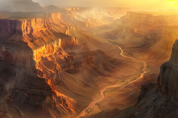 Spectacular canyon panorama with sheer rock walls, winding river.