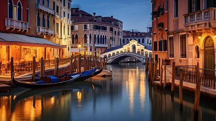 Grand Canal in Venice, Italy at night. Panoramic view
