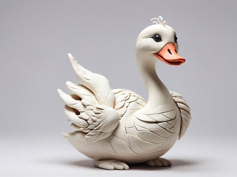 A funny smiling happy swan made of clay or plasticine sits on a white background.