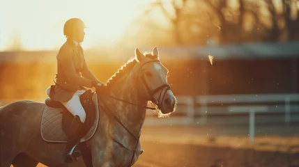 Foto op Canvas Cinematic shot of young male horsemanship master dressed in a professional apparel is practicing exercises for competition of horse racing and dressage on a riding hall © fifthplanet