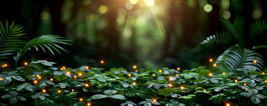 St. Patrick's Day Holiday Promotion Banner. A charming St. Patrick's Day setting featuring a traditional leprechaun hat with clovers on a glittery background - Powered by Adobe