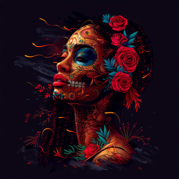Design for t-shirt, card, wallpaper. Amazing colourful make-up on beautiful young woman. Day of the dead girls beautiful women with sugar skull makeup