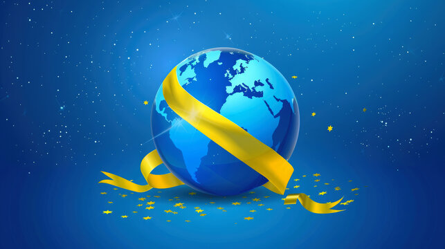 The globe of the planet Earth with a yellow ribbon around on a blue background with stars. Worldwide support for people with down syndrome