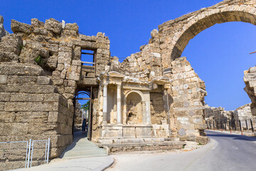 Ancient ruins of Greek buildings in Side, Turkey