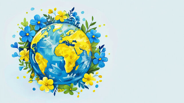Banner with the image of the Globe of the planet Earth surrounded by yellow and blue flowers