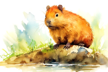 Charming watercolor illustration of a fluffy orange rodent by a tranquil pond