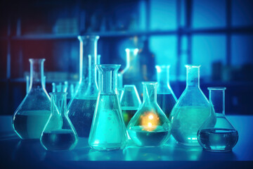 Explore the essence of science with this high-res image of laboratory flasks bathed in a mysterious blue glow, perfect for any innovative project