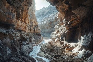 Spectacular canyon panorama with sheer rock walls, winding river.