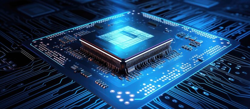 The concept of computing power technology and performance is exemplified by a highly capable CPU or microchip held by an AI or robot, with binary code.