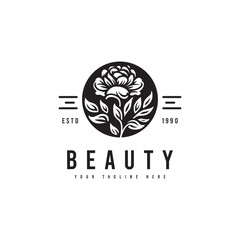 Minimalist style beauty logo, with a beautiful flower silhouette. For care logo, beauty or makeup logo.