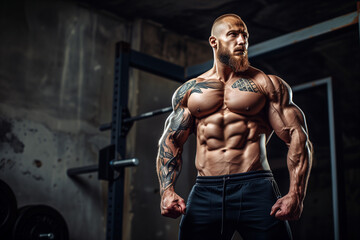 Fototapeta na wymiar muscular man with tattoos in front of dark gym background