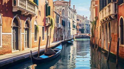 Venice, Italy. Panoramic view of canal and gondola - obrazy, fototapety, plakaty