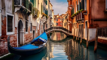 Panoramic view of Venice canal with gondola, Italy - obrazy, fototapety, plakaty