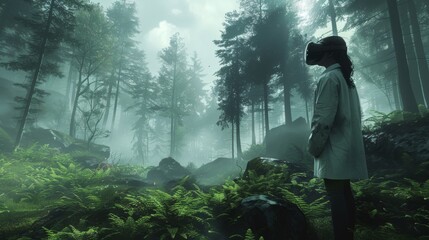 Immersed in a lush virtual reality landscape, an individual in casual attire and a VR headset embarks on a journey, as seen from behind.