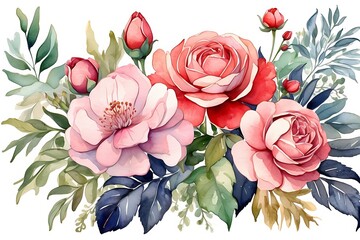 Beautiful flowers image with nice watercolor roses and leaves on white background