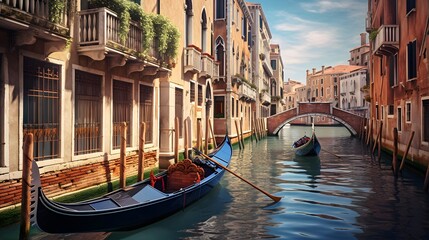 Panoramic view of Venice canal with gondola, Italy